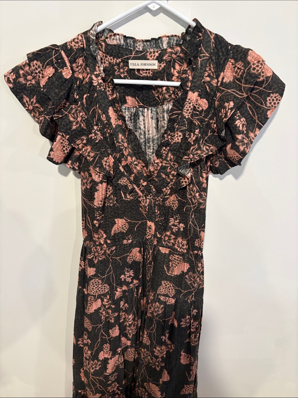 Ulla Johnson Black Dress with Blush Floral Print and Ruffle Detail